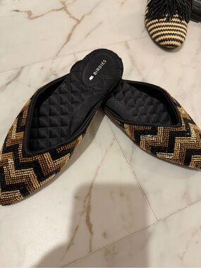 Birdies Black and Gold Zigzag Beaded Slip-On Flats